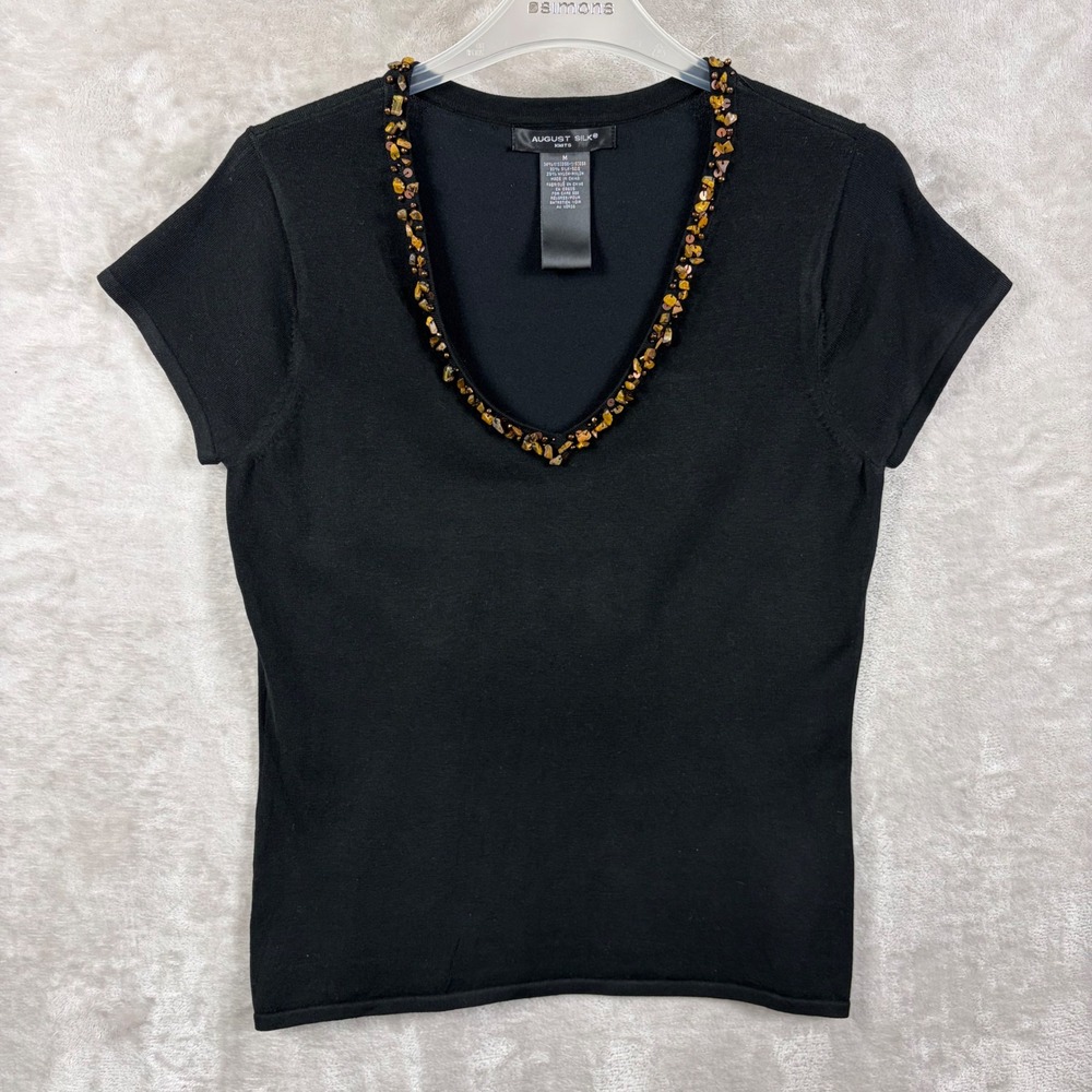 August Silk Knits Black V Neck Beaded Stone Trim Silk Blend Top M Boho Office